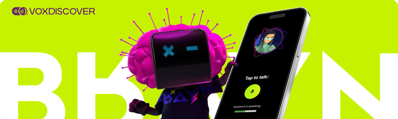 BRAYN app mascot next to a phone running the BRAYN voice assistant