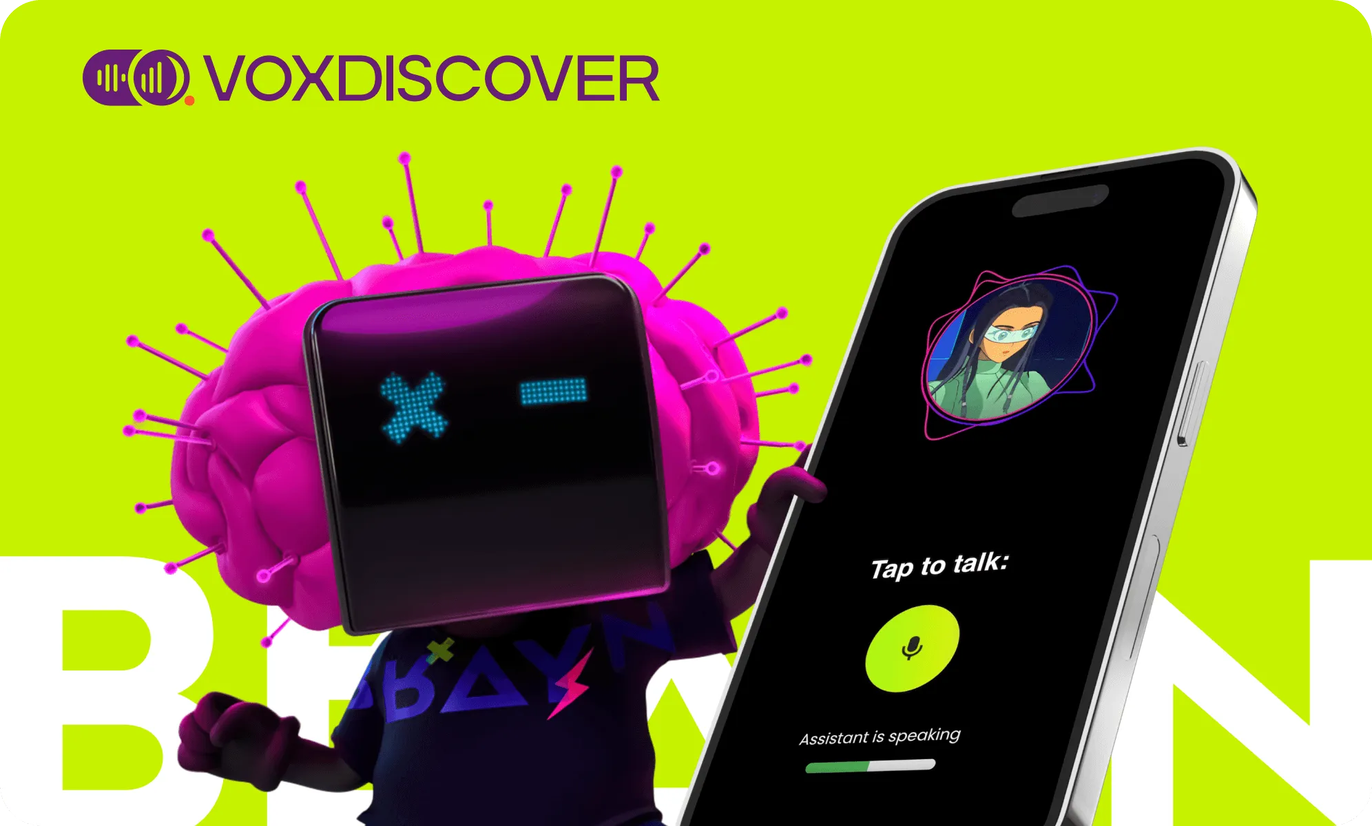 BRAYN app mascot next to a phone running the BRAYN voice assistant