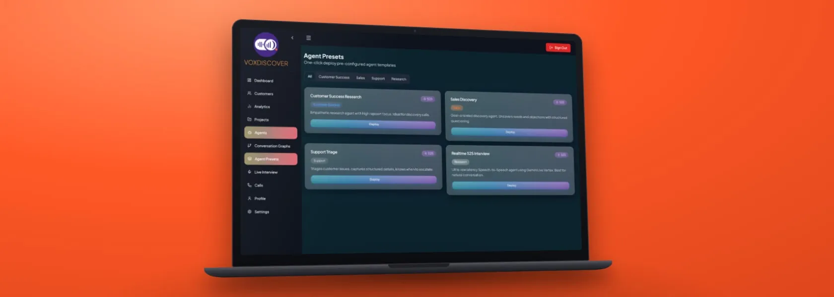 Laptop showing VoxDiscover agent presets: ready-made AI interviewers for customer success research, sales discovery, support triage and real-time interviews