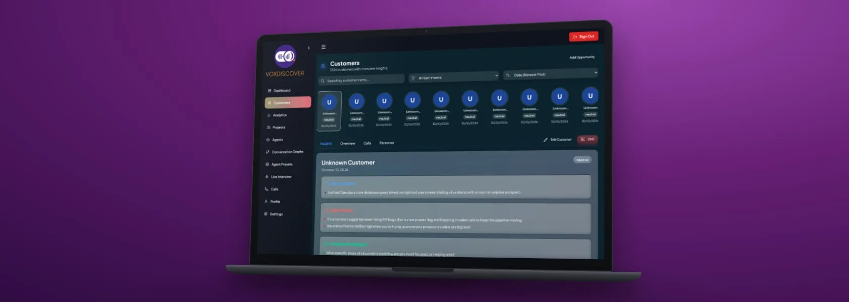 Laptop showing the VoxDiscover customers view: every interviewed customer with their calls and insights