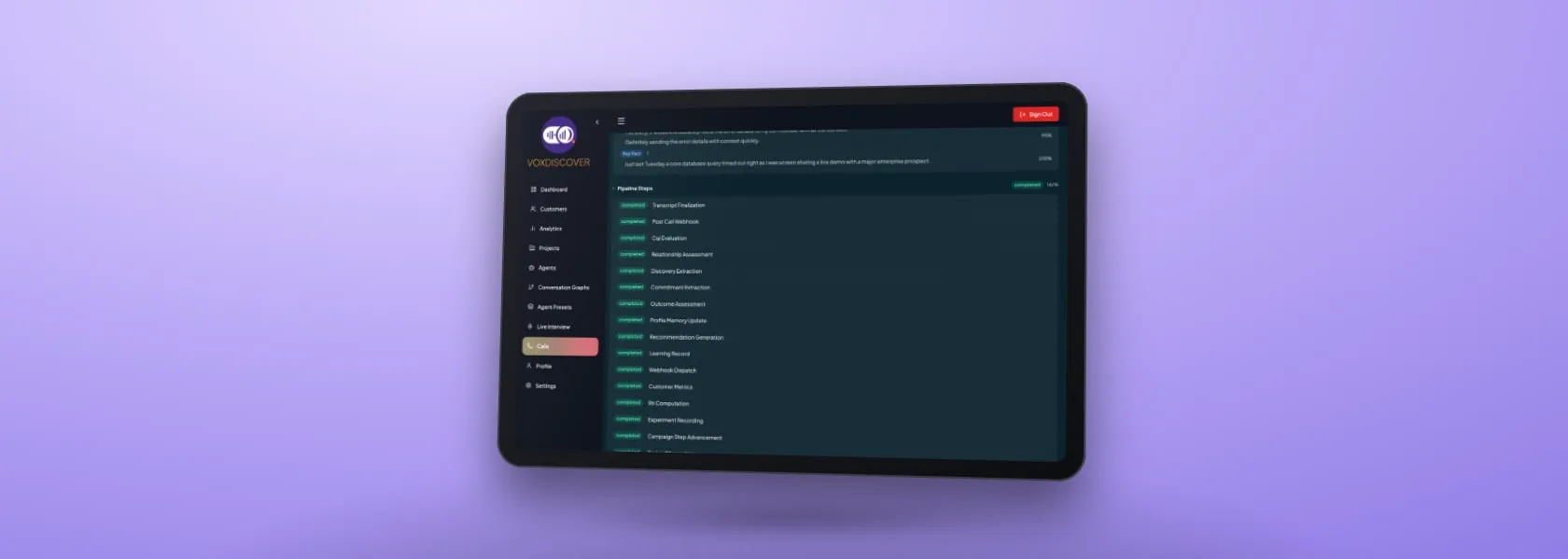 Tablet showing the automated pipeline that analyses every AI interview: transcript, quality score, discoveries, commitments and recommendations