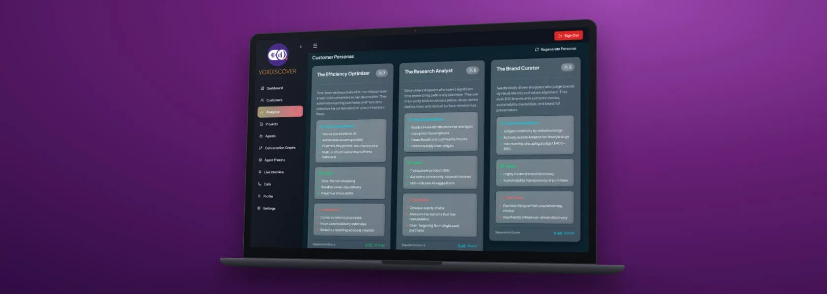 Laptop showing AI-generated customer personas in VoxDiscover with key characteristics, goals and pain points