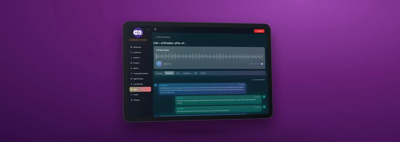 Tablet showing a VoxDiscover AI voice interview: the call recording and the conversation transcript